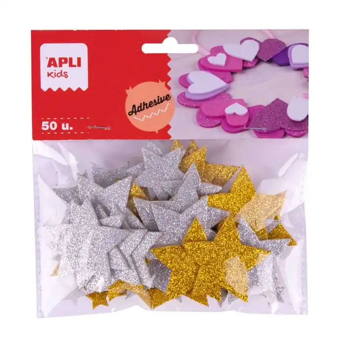 Formas Goma Eva Adhesiva Apli Kids Estrellas Purpurina Oro y Plata Blister 50 ud No Te Lo Pierdas