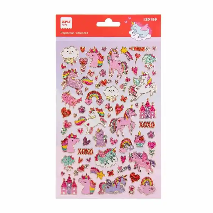 Artesanal Blister 68 Pegatinas Maxi Apli Kids Unicornios Holograficos