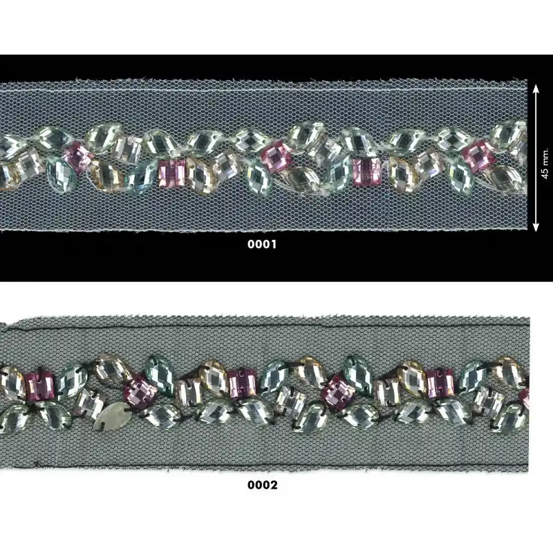 Auténtico Cinta de Tul con Pedrería: 4cm, Blanco o Negro - 0001 Blanco