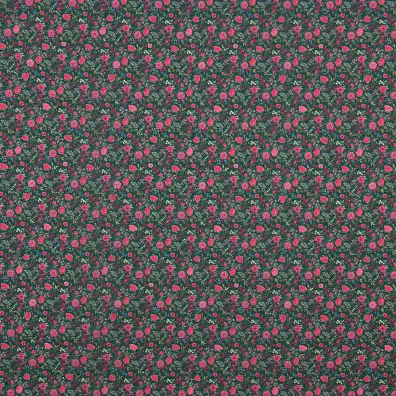 Artesanal Crêpe Ligero Estampado Floral Mini Fucsia sobre Verde Oscuro