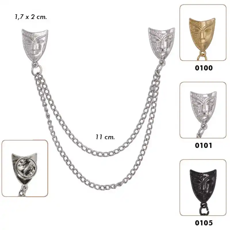 Broche Doble Pin con Cadena - Diseño Máscaras Teatrales - 0100 Dorado claro A Buen Precio