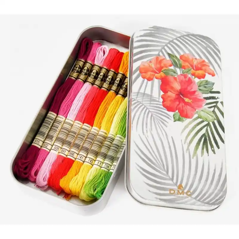 Caja Metálica Floral DMC Edición Limitada con 10 Hilos Mouliné y Diagramas Oferta Limitada