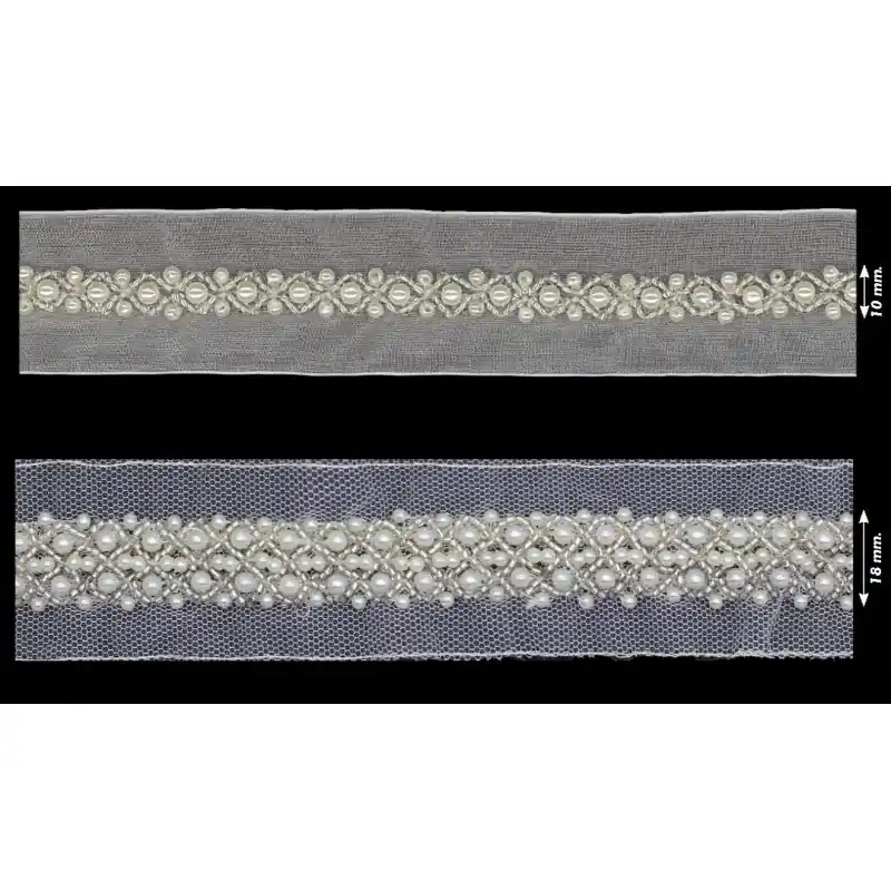 Imprescindible (Must-Have) Pasamanería Novia - Perlas Naturales y Rocalla Cristal sobre Tul - 1 cm