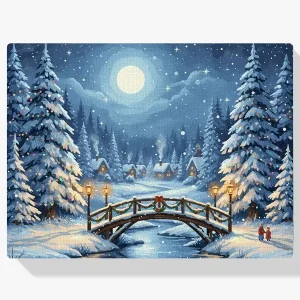 Premium Pintar por Números – Puente nevado con faroles navideños