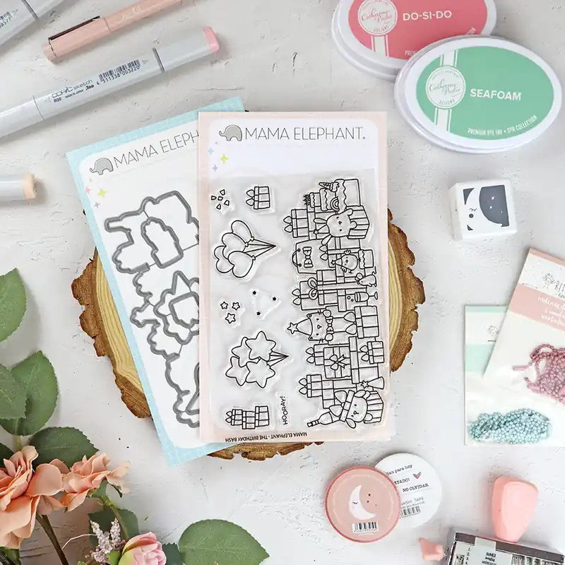 Económico Set de sellos+troquel The Birthday Bash de Mama Elephant