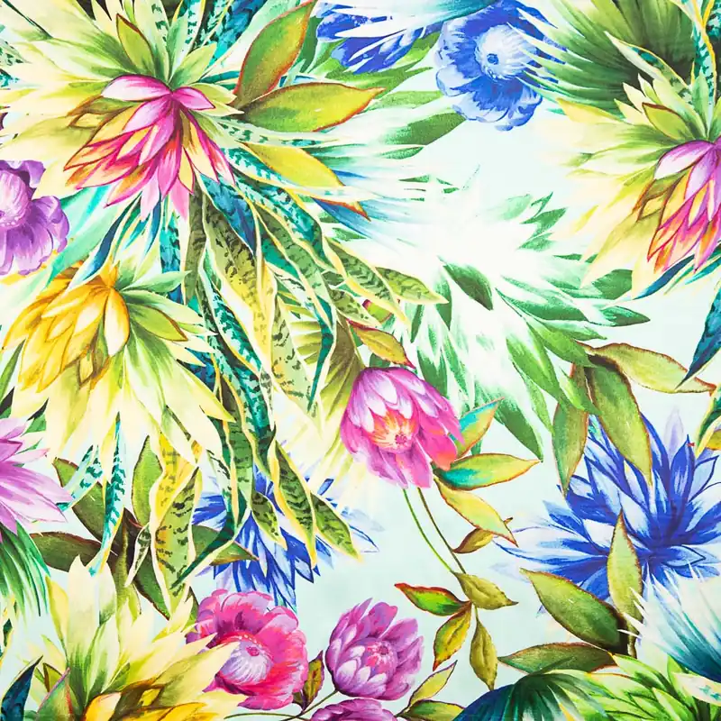 Satén Seda Natural Estampado Flor Tropical Verde Agua Oferta Limitada