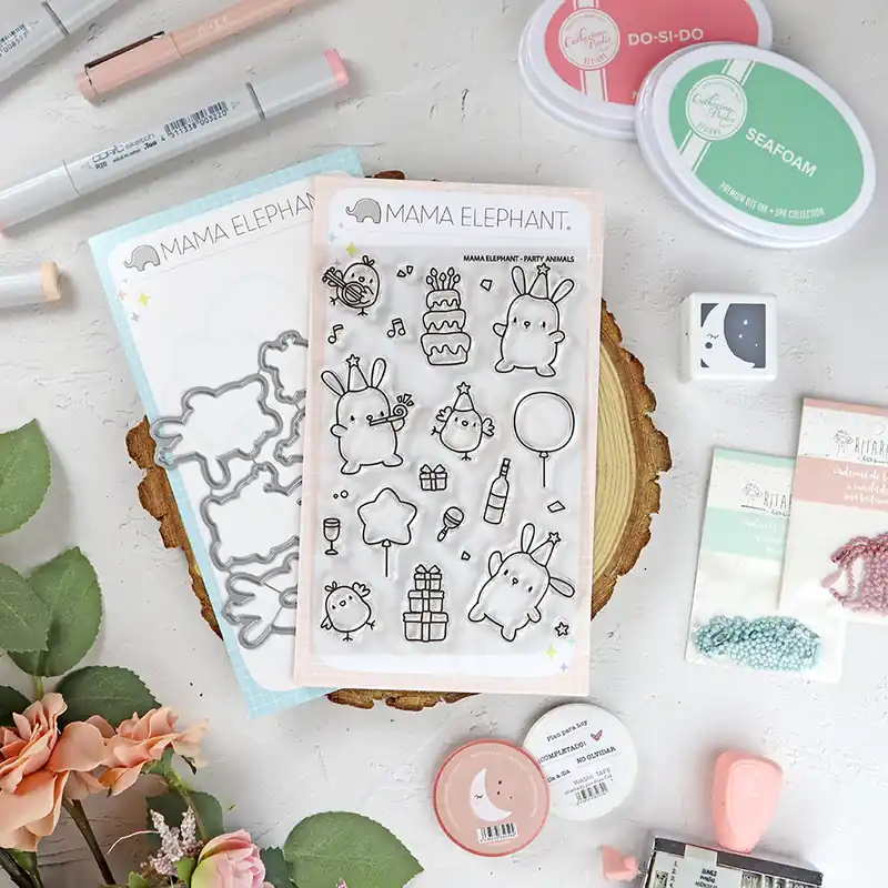 Set de sellos+troquel Party Animals de Mama Elephant Imprescindible (Must-Have)