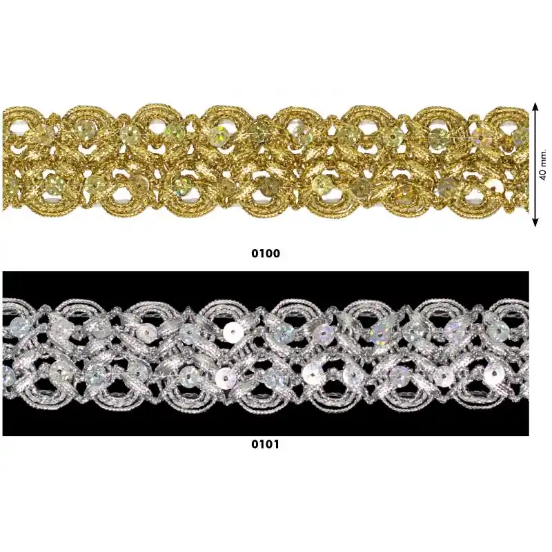Pasamanería Metalizada Padua 4cm - Adorno Brillante con Lentejuelas - 0100 Dorado Más Vendido
