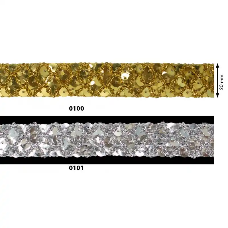 Pasamanería Metalizada Livorno 2cm - Cinta Decorativa con Lentejuelas en Malla - 0100 Dorado Envío Gratis