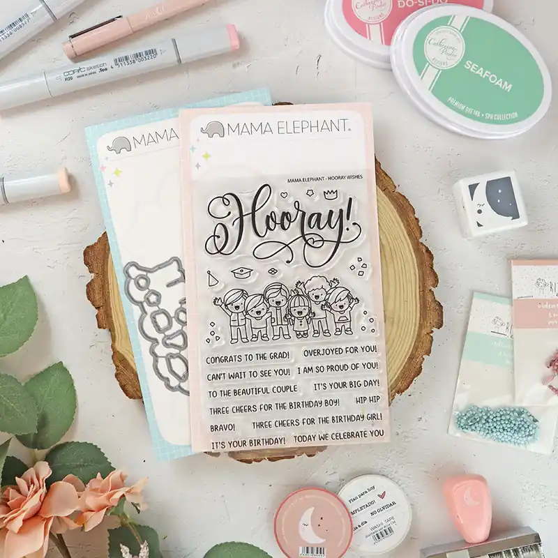 Set de sellos+troquel Horray Wishes de Mama Elephant Máxima Calidad