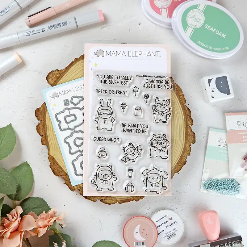 Set de sellos+troquel Costumed Cuties de Mama Elephant Última Oportunidad