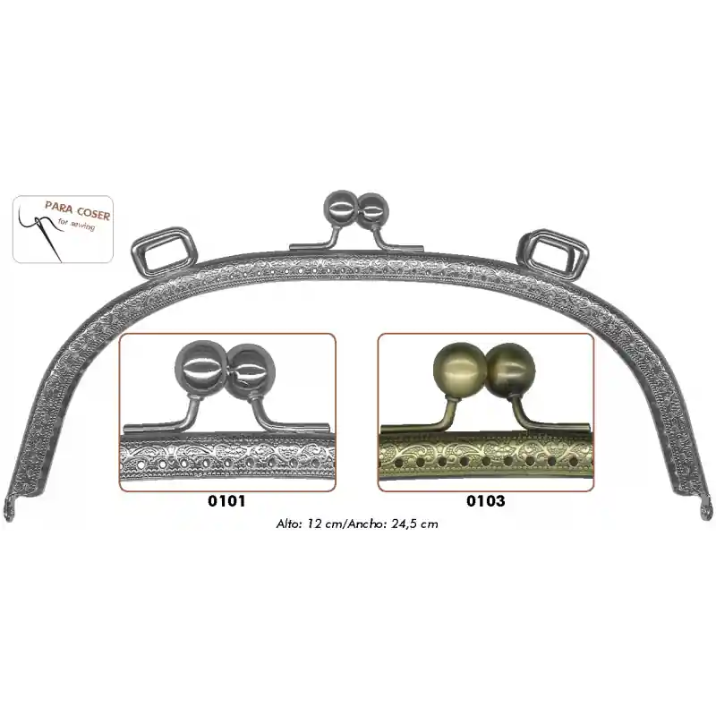 Boquilla Bolso Curva Grabada 24,5cm 869023 - Para Coser con Dos Argollas - 0101 Plateado De Moda