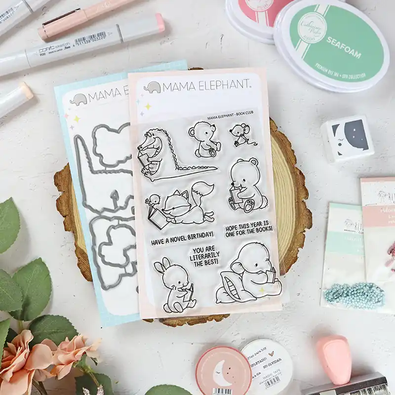 Set de sellos+troquel Book Club de Mama Elephant Mayoreo