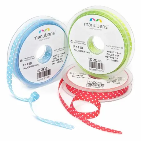 Cinta tafetán topos - lunares poliéster 10 mm Manubens 1410 - 25 metros Novedad