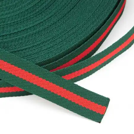 Cinta poliéster trenzada rayas 20 mm verde/rojo/verde - Rollo 50 metros Certificado