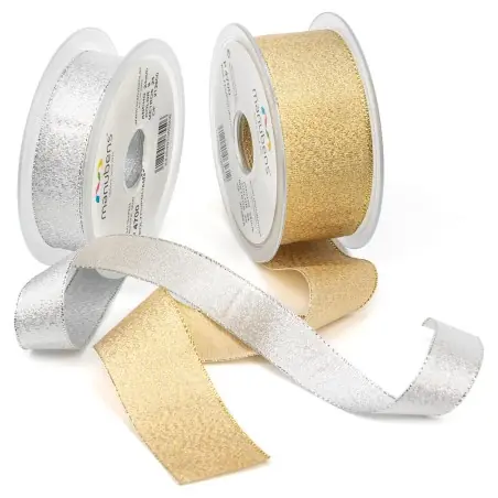 Última Oportunidad Cinta metalizada Lamé 38 mm manubens 4700 oro / plata brillante - Carrete 25 metros