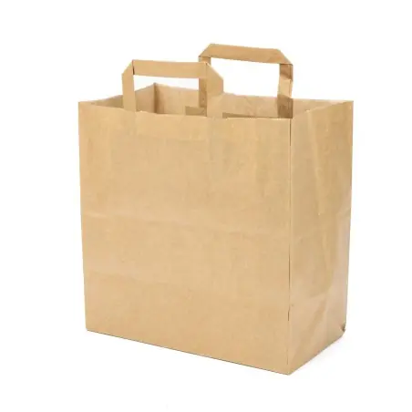 Oferta Flash Bolsa papel kraft marrón con asa plana 28+16x29 cm, 80 g/m² - Pack 100 uds