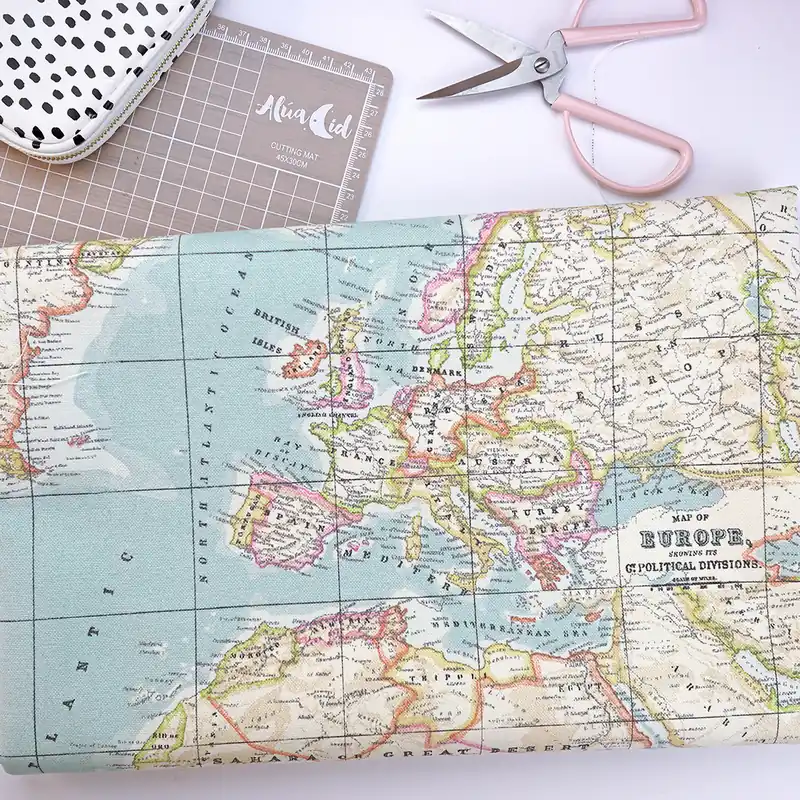 A Buen Precio Tela loneta Mapas Azul