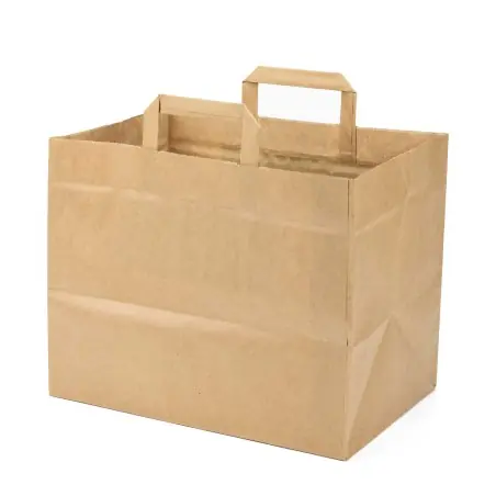 Bolsa papel kraft marrón con asa plana 32+22x25 cm, 80g/m² - Caja 300 uds Venta Final