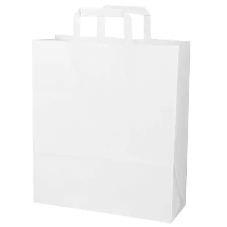Stock Limitado Bolsa papel blanca con asa plana 32+12x37 cm, 100 g/m² - Caja 300 uds