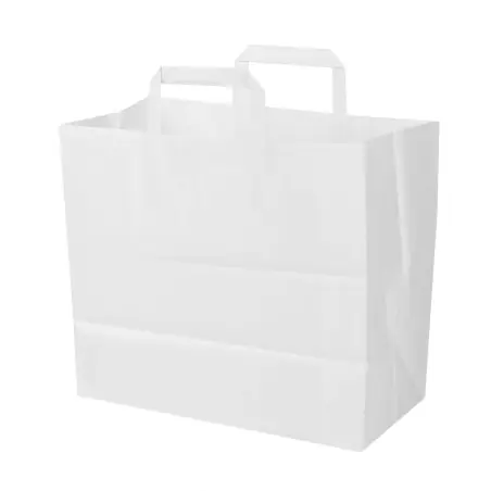 Bolsa papel blanca con asa plana 32+17x28 cm, 100 g/m² - Caja 300 uds Última Versión