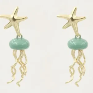 Última Versión Pendientes perno estrella de mar dorado mate con colgante medusa esmaltada turquesa. Largo 4cm.