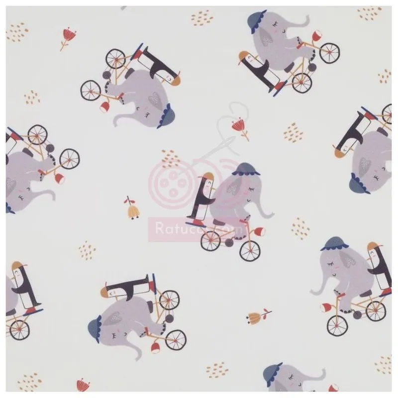 Hecho A Mano POPELIN ELEFANTE Y PINGÜINO EN BICICLETA