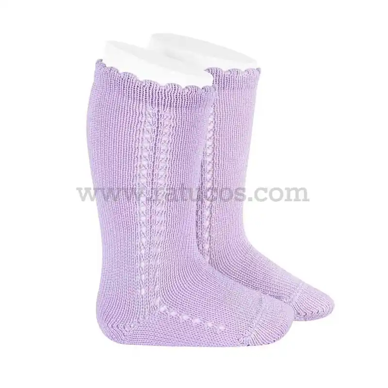 Artesanal CALCETIN ALTO MALVA PERLE CALADO LATERAL