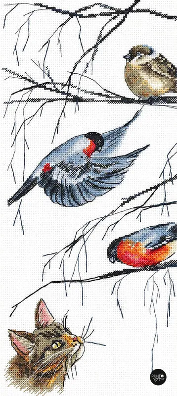 Pájaros y un gato curioso - Panna - Kit de punto de cruz J-7129 Oferta