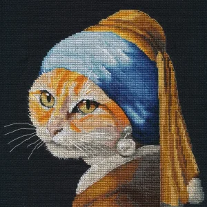 Kit de Punto de Cruz "Gatita con Arete de Perla" Oven 1654 – Inspirado en el Arte Clásico Garantía Incluida