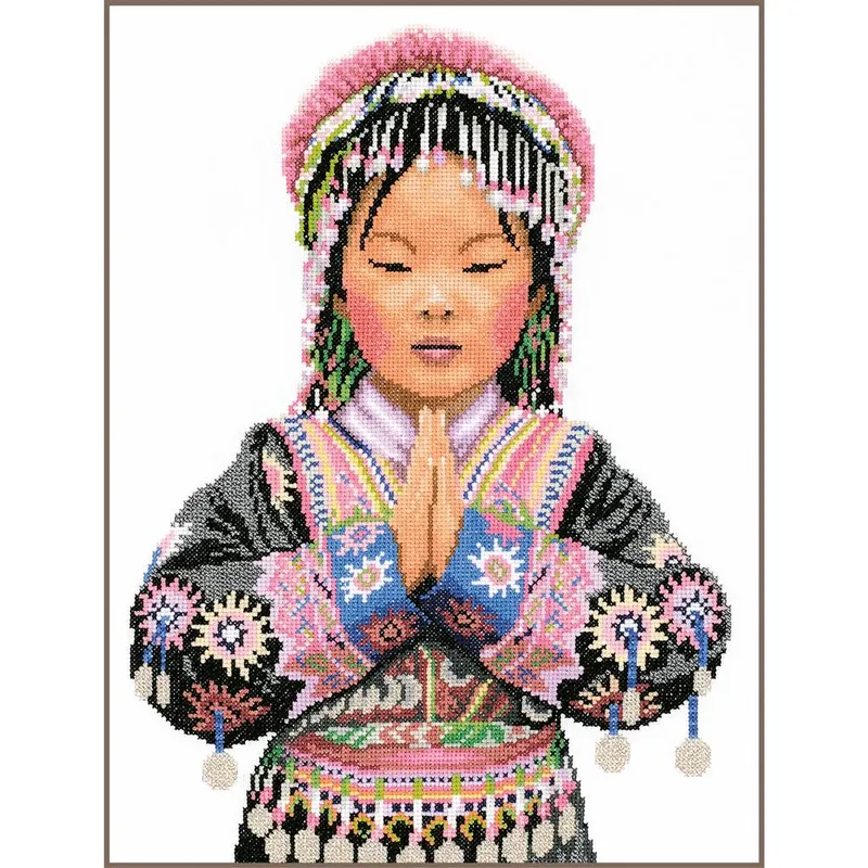 Kit de Punto de Cruz Thai hill tribe girl - Lanarte - Lino 27 ct. Gran Oferta