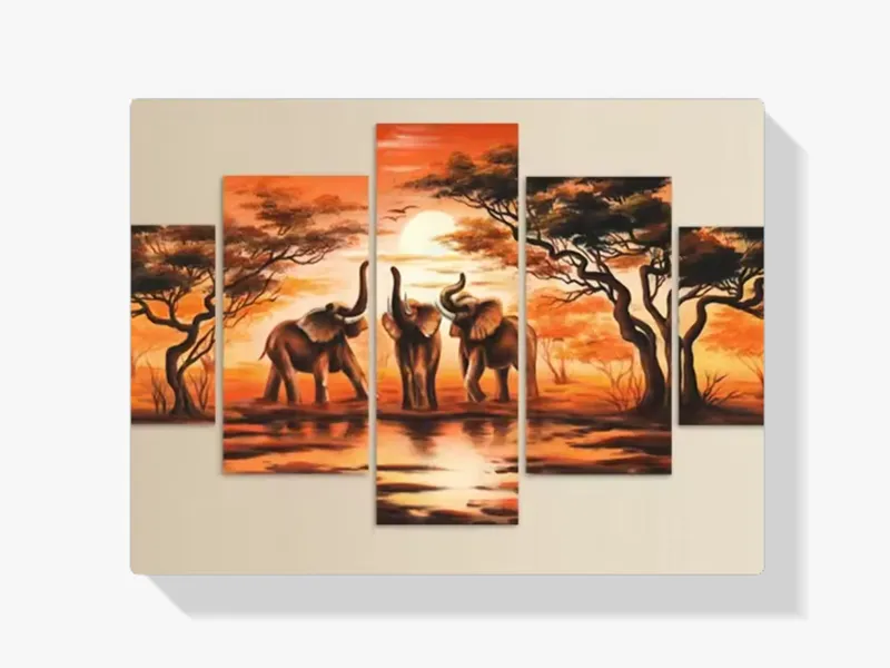 Pintura Diamante – Elefantes en safari 5 paneles Precio Rebajado