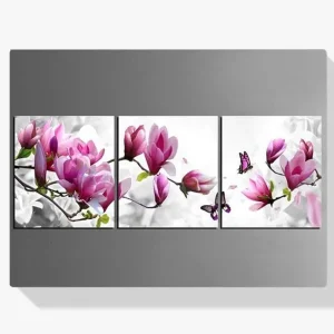 Envío Exprés Pintura Diamante – Flores rosas con mariposa 3 paneles