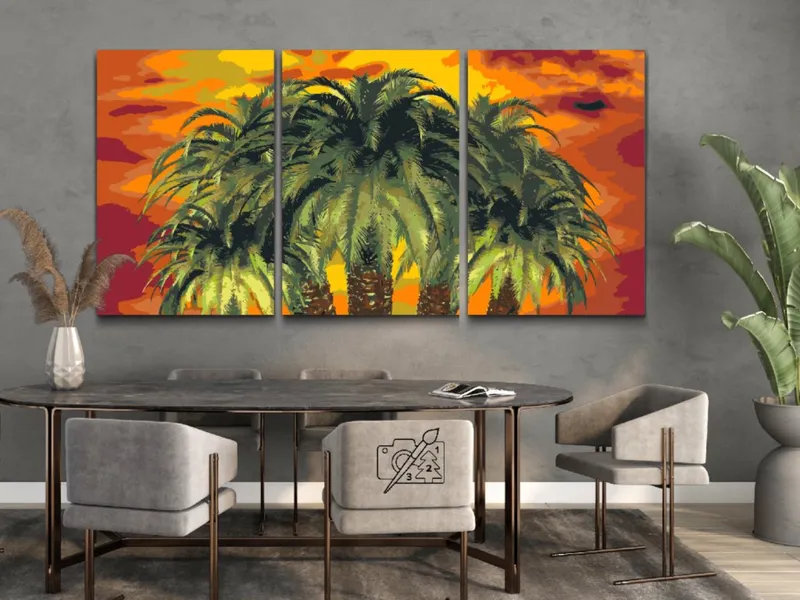 Pintura Diamante – Palmeras sobre fondo rojo ( Lote de 3) Premium