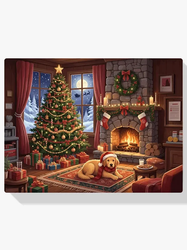 Pintura Diamante – Perro esperando a Papá Noel junto a la chimenea Auténtico
