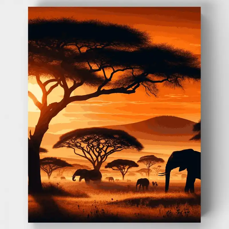 Envío Internacional Siluetas del Atardecer en la Sabana - Kit de pintar por números - Lienzo Enrollado / 24 Colores