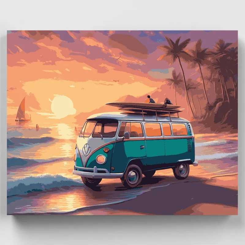 Profesional Furgoneta de Surfistas al Atardecer - Kit de pintar por números - Lienzo Enrollado / 24 Colores