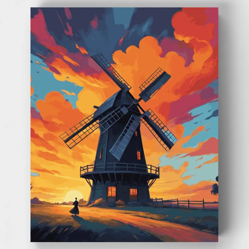 Compra Ahora Molino de viento al atardecer - Kit de pintar por números - Lienzo Enrollado / 24 Colores