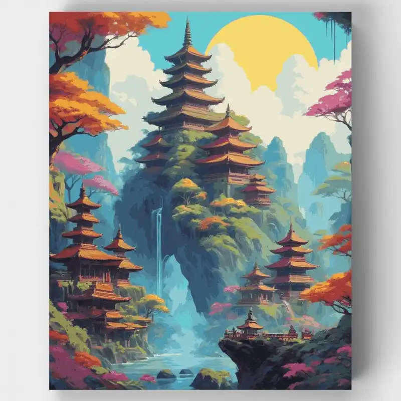 Tranquilidad del Templo - Kit de pintar por números - Lienzo Enrollado / 24 Colores Pago Seguro