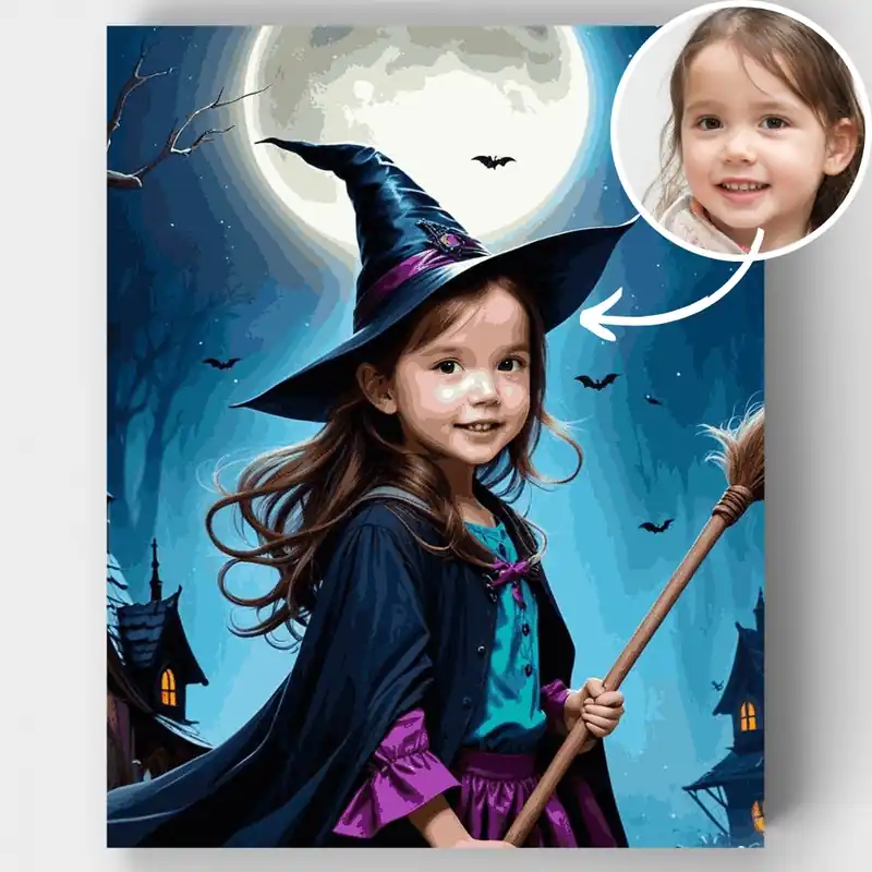 Envío Exprés Pequeña Bruja en la Noche de Halloween - Kit de pintar por números - Lienzo Enrollado / 24 Colores