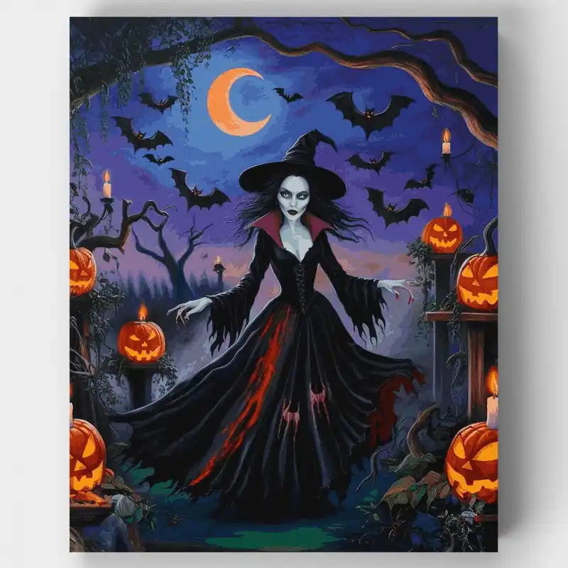 Encantamiento de Bruja de Halloween - Kit de pintar por números - Lienzo Enrollado / 24 Colores Ordenar Ahora Mismo
