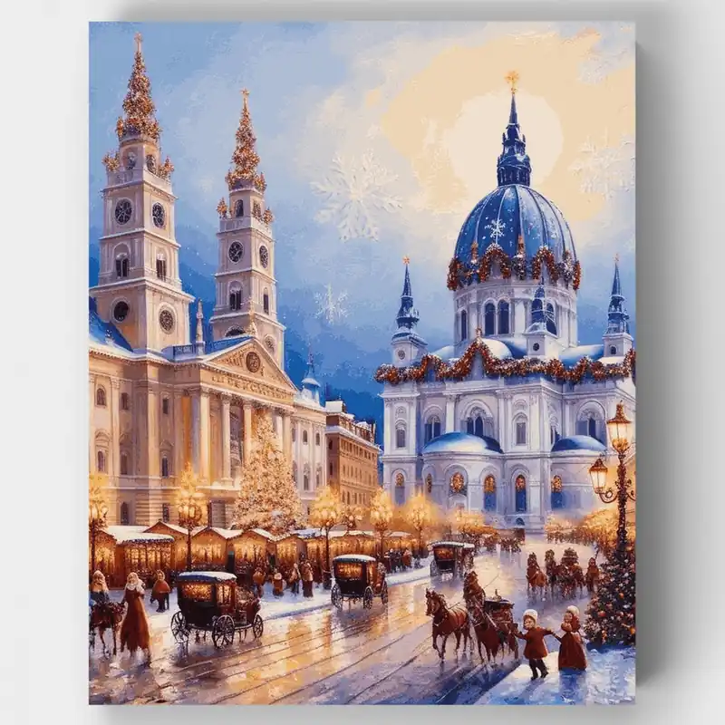 Económico Kit de pintar por números Mercado Navideño Catedral de Invierno - Lienzo Enrollado / 24 Colores