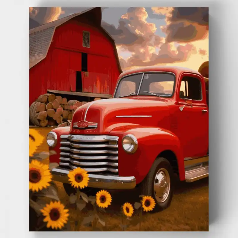 Tendencia Camión Rojo Vintage y Girasoles - Kit de pintar por números - Lienzo Enrollado / 24 Colores