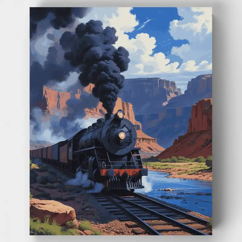 Precio Económico Tren de Vapor en Cañón - Kit de pintar por números - Lienzo Enrollado / 24 Colores