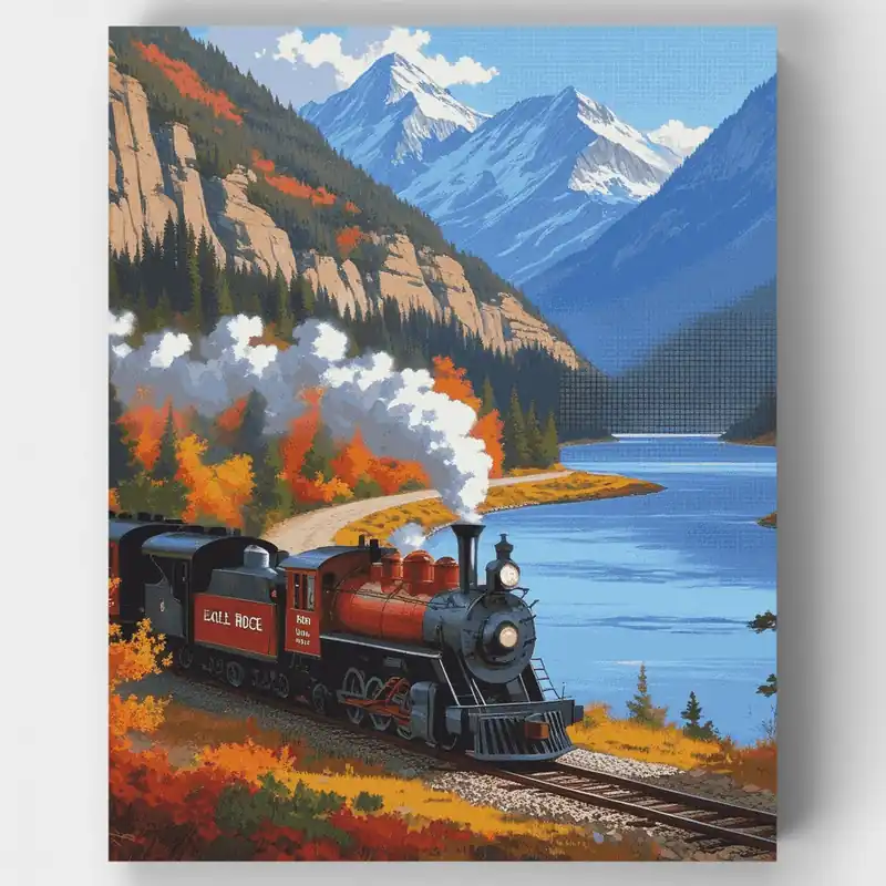 Tren de Vapor de Montaña en Otoño - Kit de pintar por números - Lienzo Enrollado / 24 Colores Económico