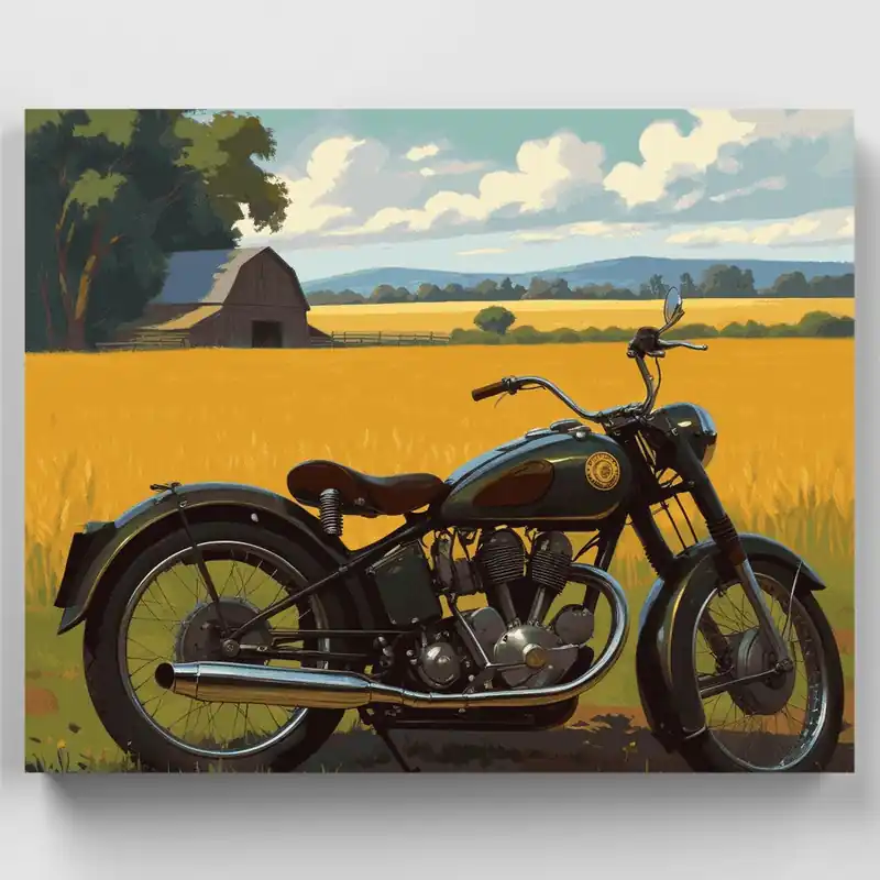 Popular Motocicleta Vintage en Campo Dorado - Kit de pintar por números - Lienzo Enrollado / 24 Colores