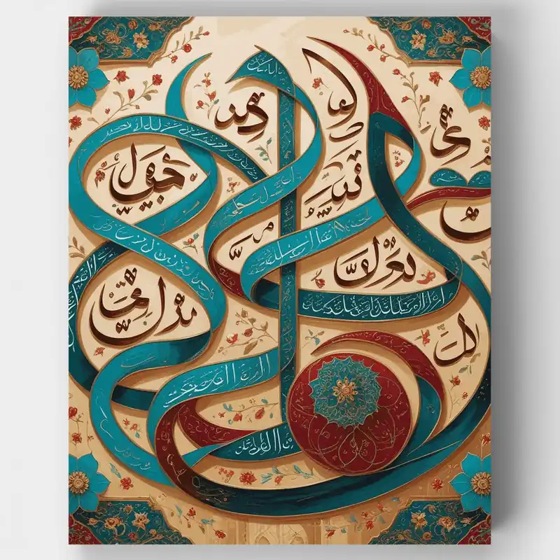 Directo De Fábrica Caligrafía Islámica en Turquesa y Dorado - Kit de pintar por números - Lienzo Enrollado / 24 Colores