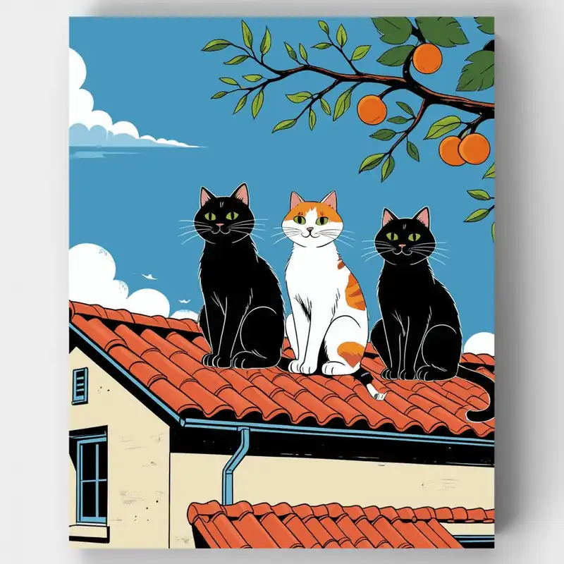 Más Vendido Tres Gatos en una Azotea Mediterránea - Kit de pintar por números - Lienzo Enrollado / 24 Colores