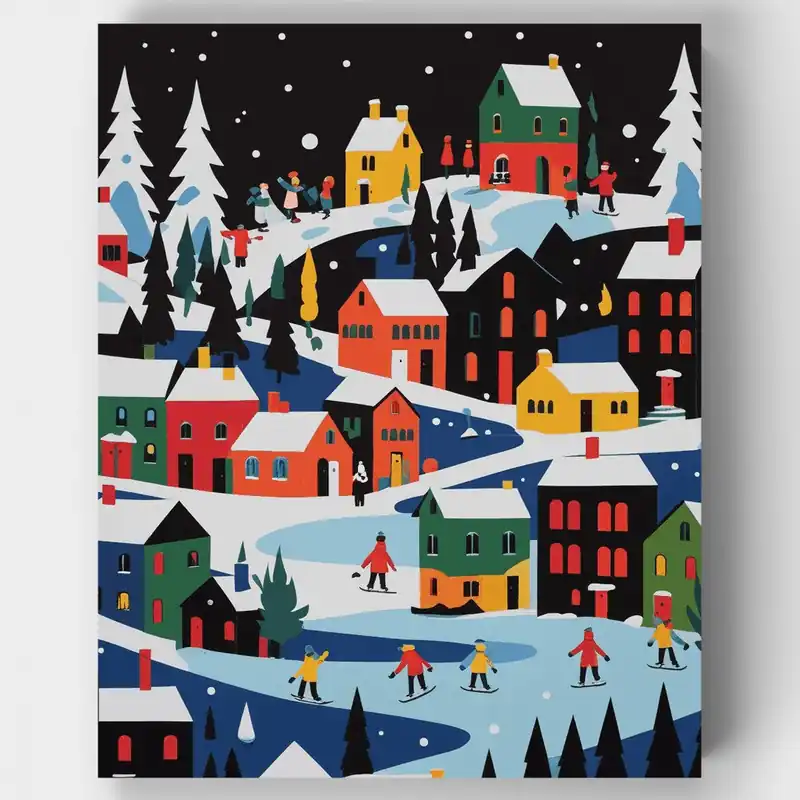 De Moda Patinadores de Pueblo Invernal Colorido - Kit de pintar por números - Lienzo Enrollado / 24 Colores