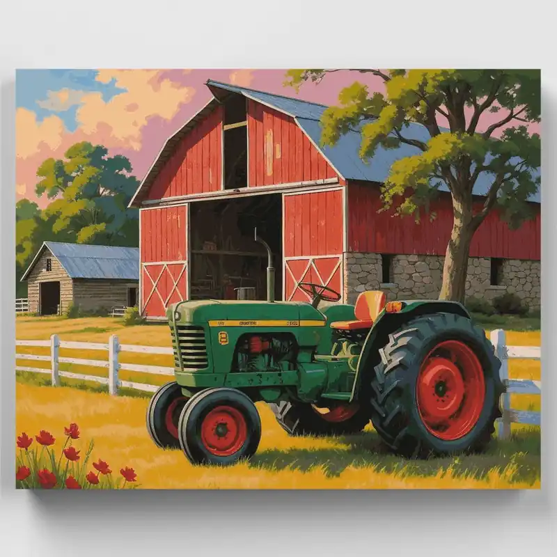 Granero Rural y Tractor Verde - Kit de pintar por números - Lienzo Enrollado / 24 Colores Original